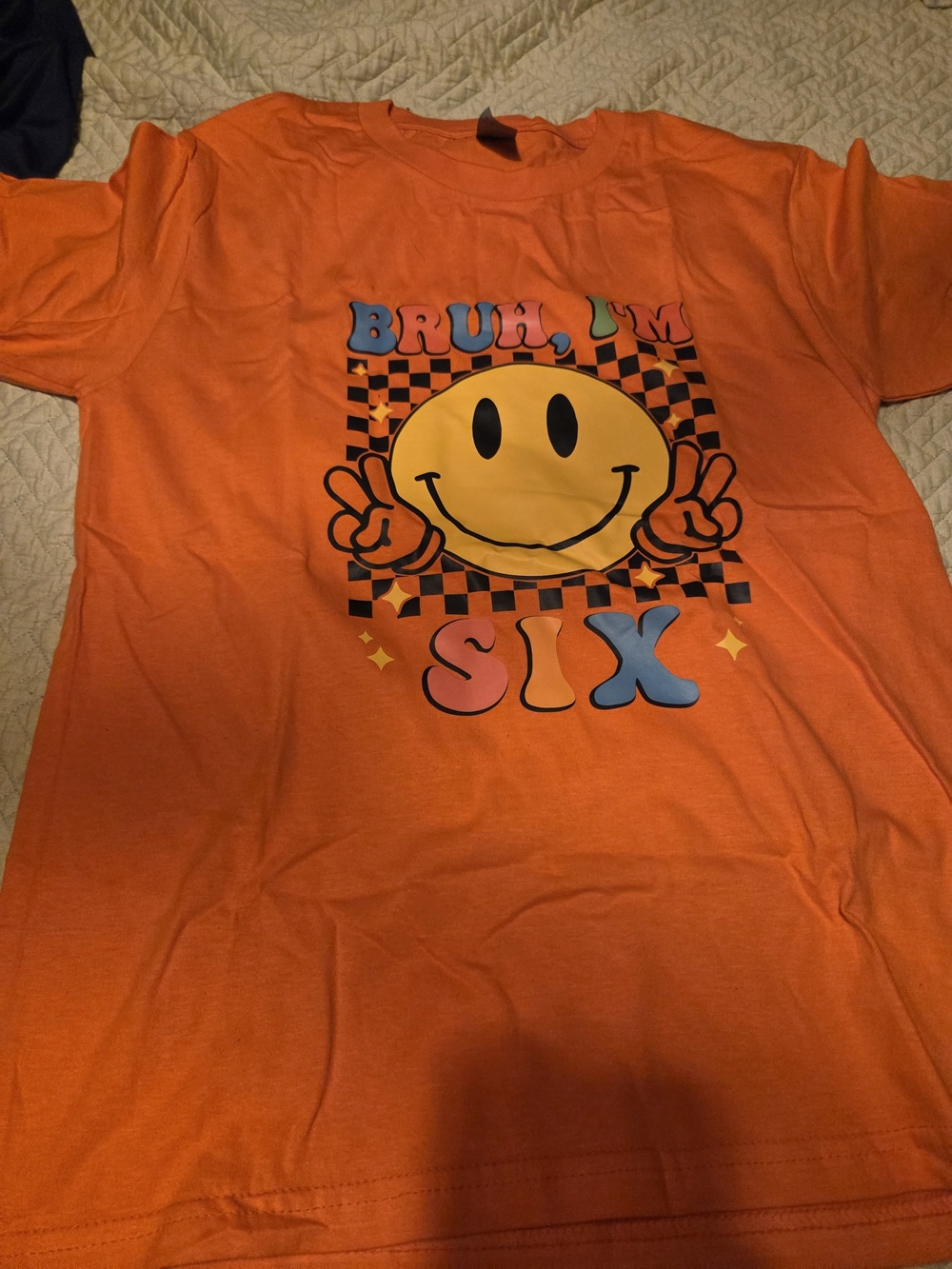 Kids Orange 'Bruh, I'm Six' Smiley Graphic Tee
